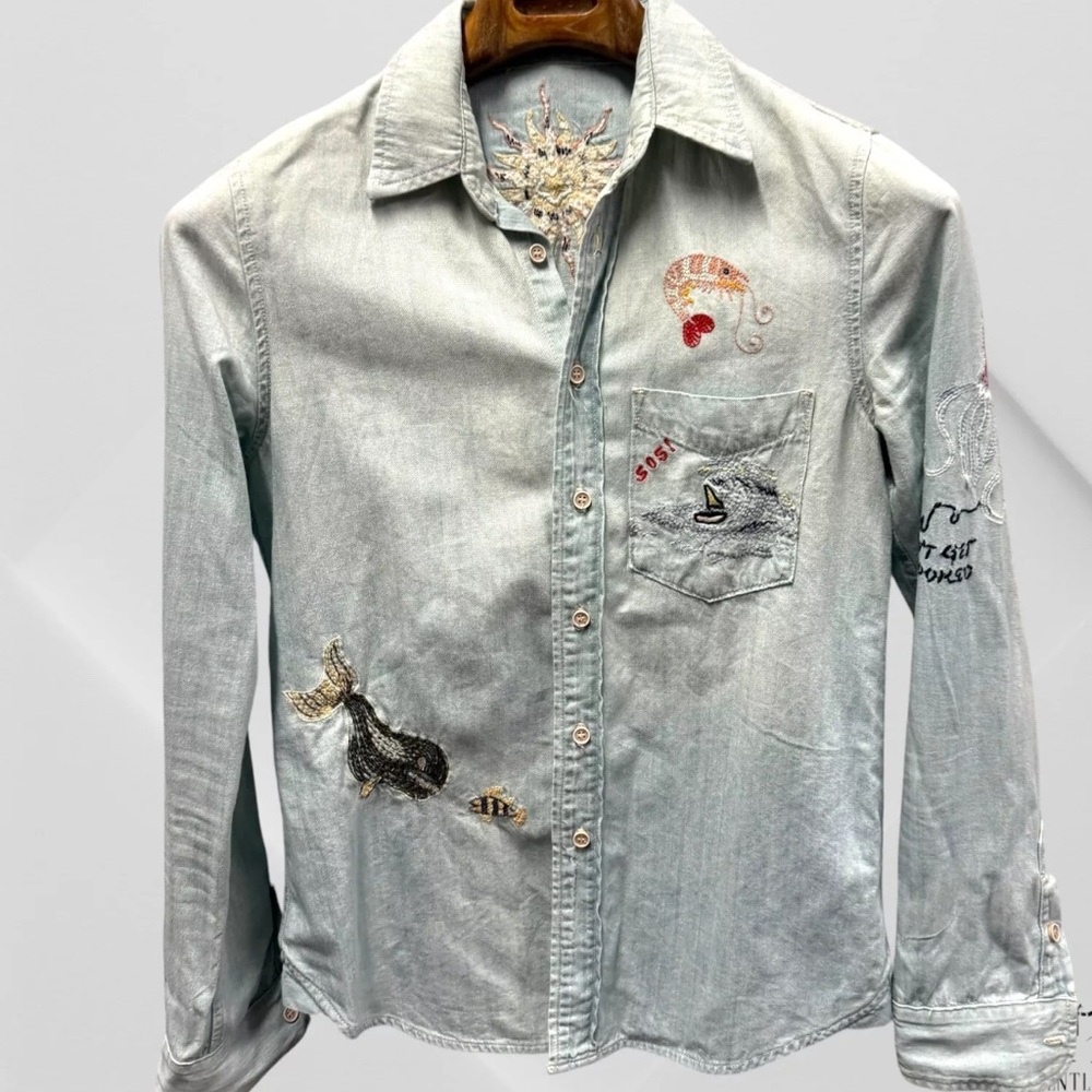 MOTHER Foxy Boxy Buried Treasure Embroidered Shirt Denim Indigo In Blue S Small - Picture 2 of 9